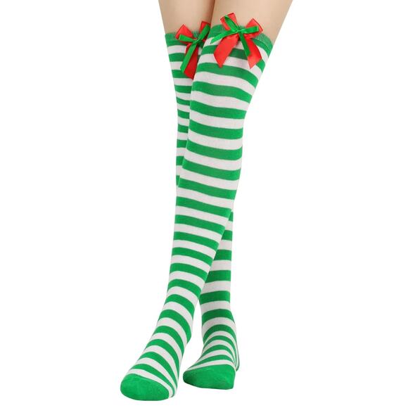 New Christmas Thigh High Socks | Striped Over-Knee Stockings with Bows - Picture 2 of 3